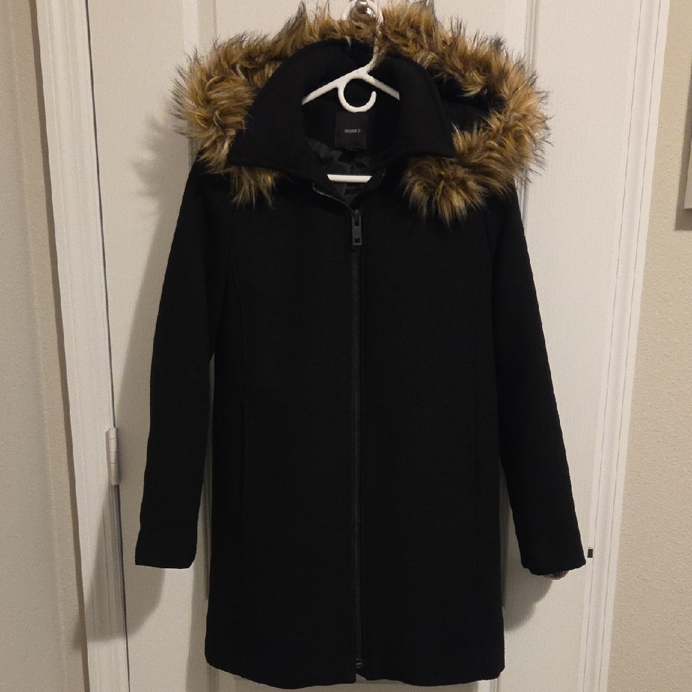 Women's Black Wool Blend Faux Fur Hooded Coat